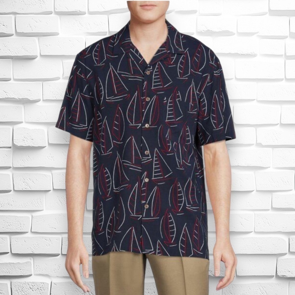 George Men’s Large Navy Blue Nautical Sailboats Short Sleeve Button Down Shirt